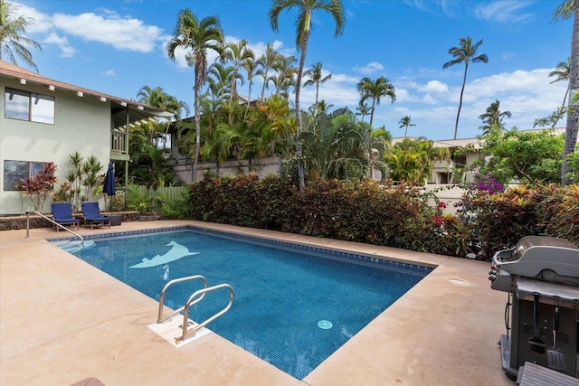 view of pool with area for grilling and a patio