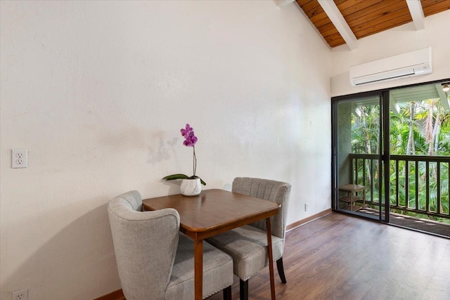 dining area with wood ceiling, vaulted ceiling with beams, dark wood-type flooring, and a wall mounted AC