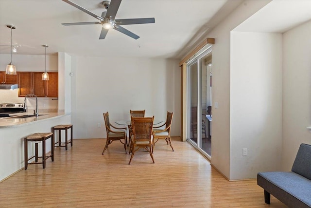 dining area featuring light wood-type flooring, ceiling fan, and sink