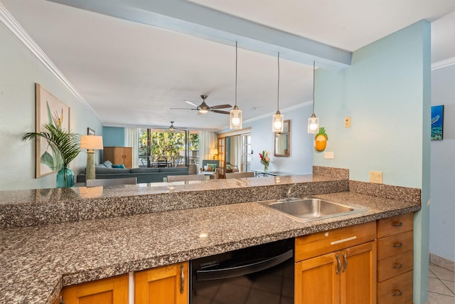 kitchen with dishwasher, sink, ceiling fan, ornamental molding, and light tile patterned flooring