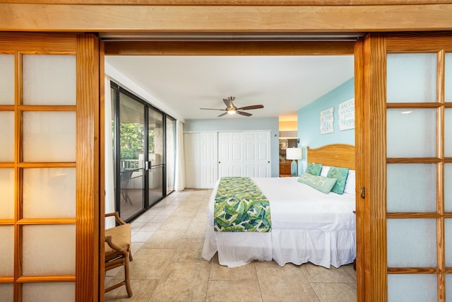 bedroom featuring access to outside and ceiling fan