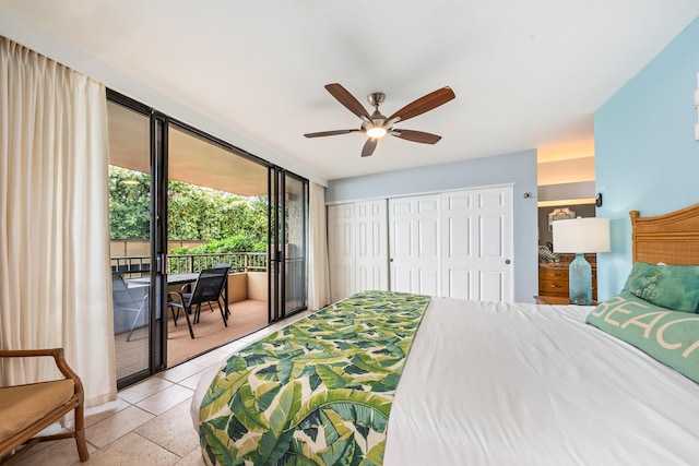 tiled bedroom featuring access to outside and ceiling fan