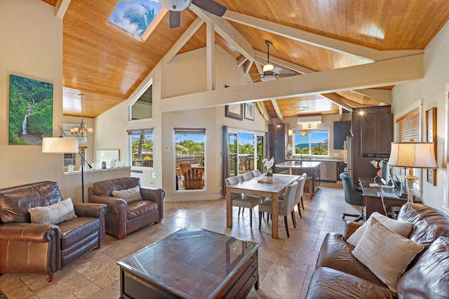 living room featuring high vaulted ceiling, ceiling fan with notable chandelier, and wood ceiling