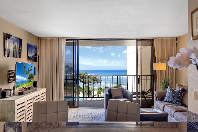 living room with a water view and expansive windows