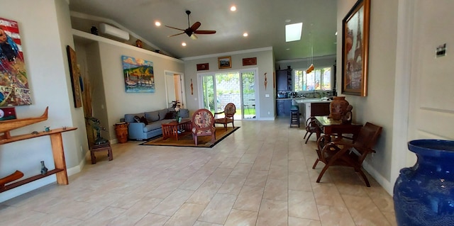 living area featuring a wall mounted AC, ceiling fan, crown molding, and lofted ceiling