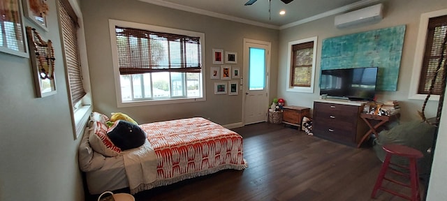 516 Polulani Dr, Wailuku, HI 96793 - bedroom with a wall mounted air conditioner, dark wood-style floors, ornamental molding, recessed lighting, and a ceiling fan