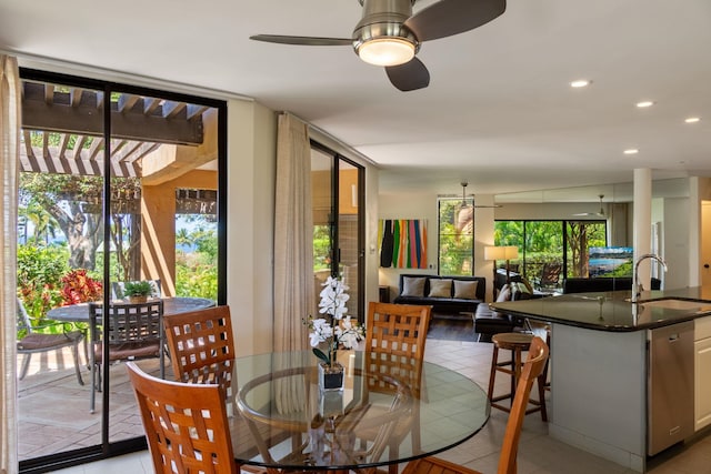 3300 Wailea Alanui St Unit 3A, Kihei, HI 96753 - dining area with a ceiling fan, light tile patterned floors, and recessed lighting
