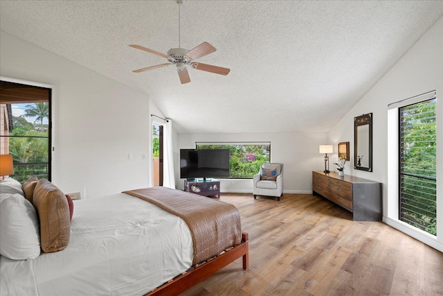3300 Wailea Alanui St Unit 3A, Kihei, HI 96753 - bedroom featuring vaulted ceiling, a textured ceiling, access to exterior, light wood-type flooring, and multiple windows