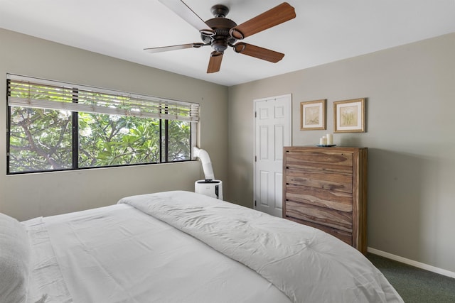 bedroom with ceiling fan and carpet floors