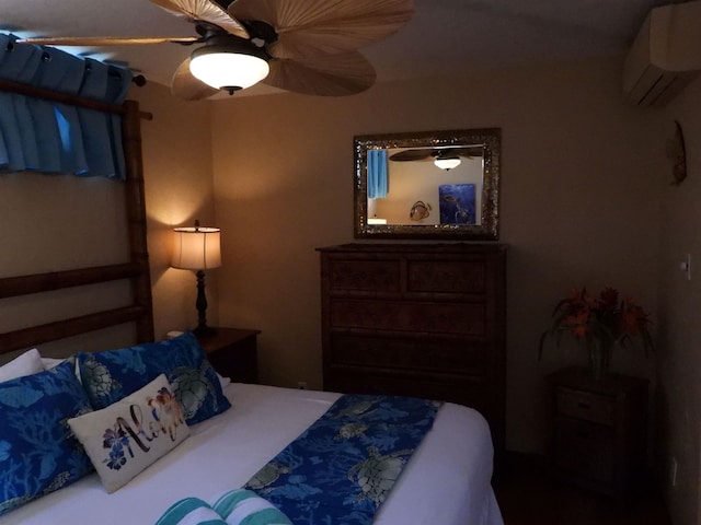 bedroom featuring ceiling fan and a wall mounted AC