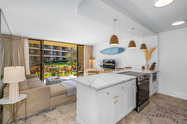 kitchen with hanging light fixtures, appliances with stainless steel finishes, white cabinetry, light stone counters, and kitchen peninsula