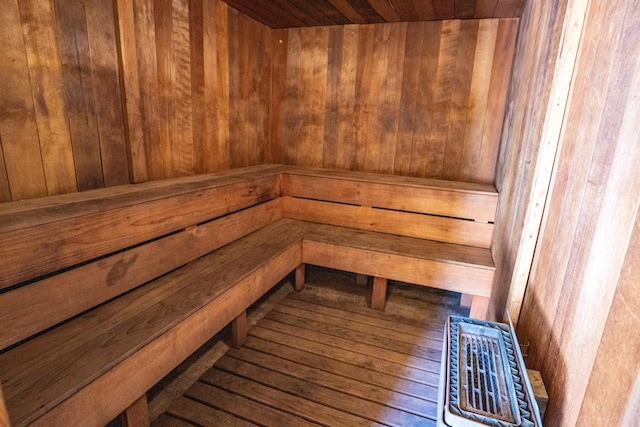 view of sauna featuring hardwood / wood-style flooring