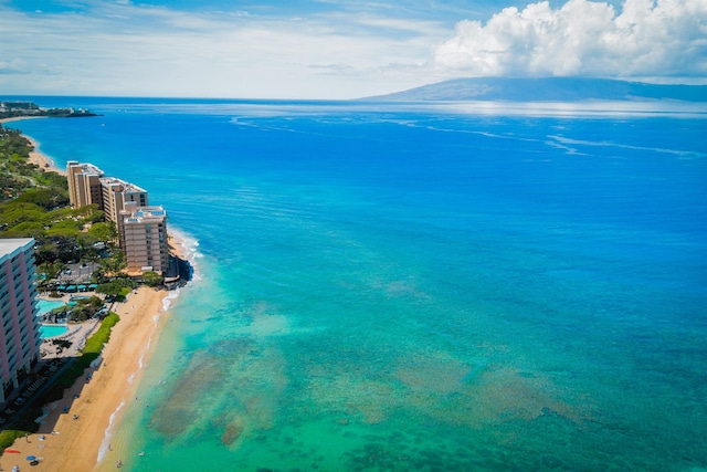 drone / aerial view with a view of the beach and a water view