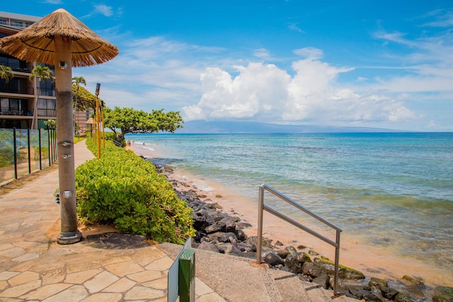 property view of water featuring a view of the beach