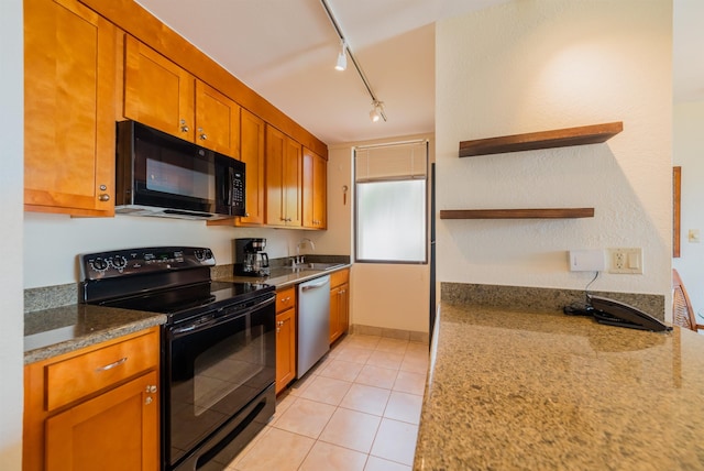 kitchen with brown cabinets, open shelves, a sink, black appliances, and rail lighting