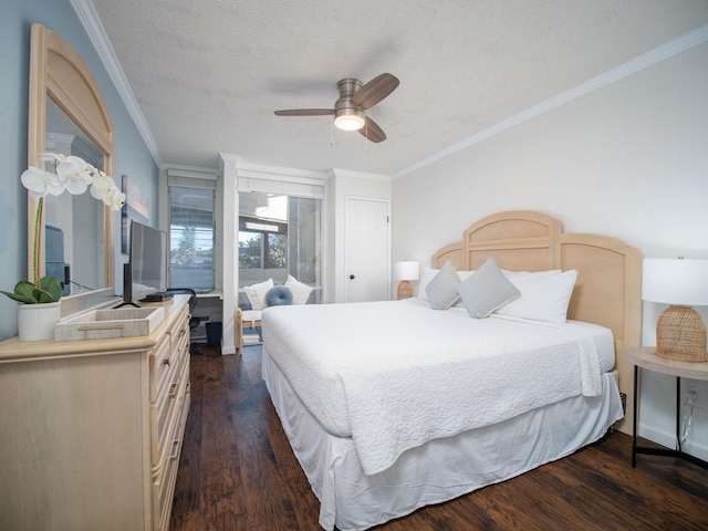 bedroom featuring ceiling fan, dark hardwood / wood-style flooring, and ornamental molding