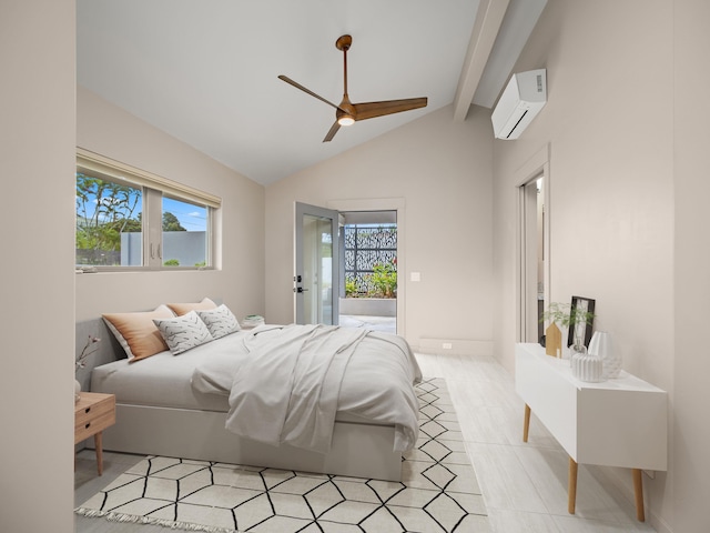 bedroom with an AC wall unit, multiple windows, access to outside, and ceiling fan