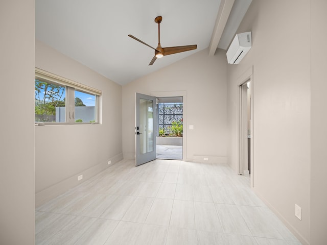 spare room with a wall unit AC, a ceiling fan, and baseboards