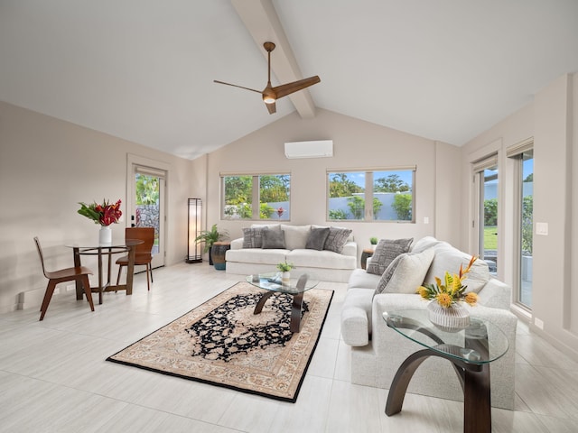 living room featuring a wall mounted AC, beam ceiling, ceiling fan, light tile patterned floors, and high vaulted ceiling