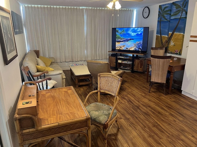 living area featuring wood finished floors and a ceiling fan