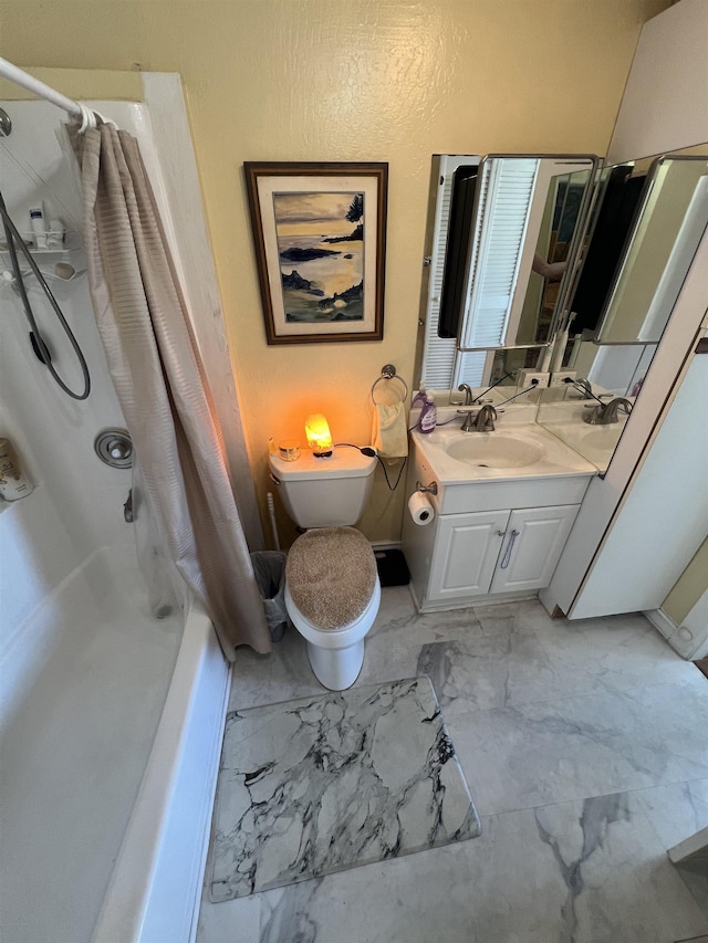 full bath featuring toilet, marble finish floor, shower / tub combo with curtain, and vanity