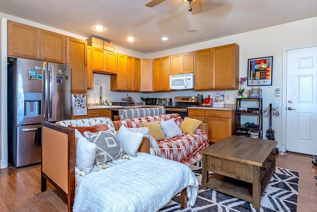 kitchen featuring dark wood-type flooring, appliances with stainless steel finishes, and ceiling fan