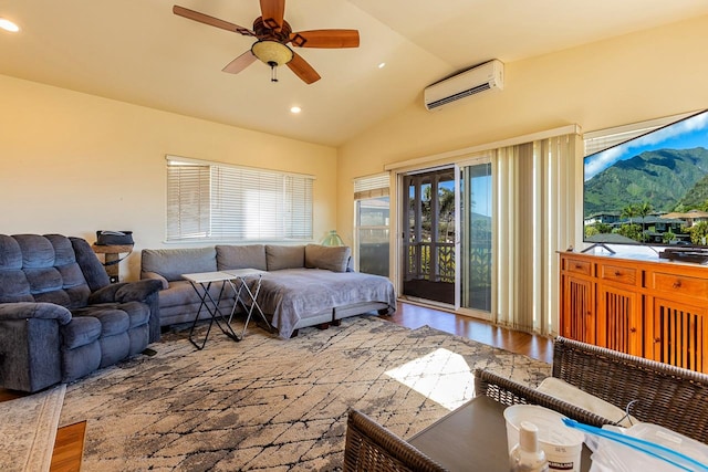 bedroom with access to outside, wood-type flooring, ceiling fan, lofted ceiling, and an AC wall unit