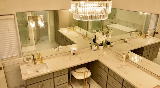 11 Piina Pl, Lahaina, HI 96761 - bathroom with a freestanding bath, vanity, a walk in shower, and a chandelier