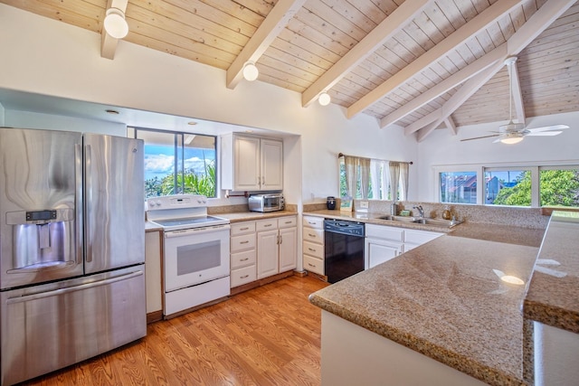 kitchen with black dishwasher, stainless steel fridge with ice dispenser, plenty of natural light, and electric stove