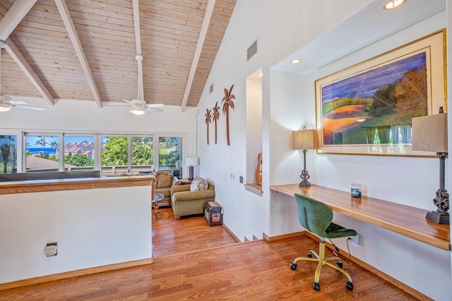 home office featuring beamed ceiling, light hardwood / wood-style flooring, built in desk, and wooden ceiling