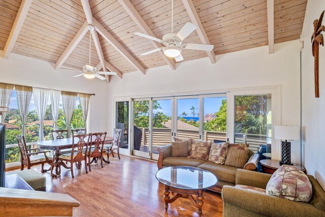 living room featuring plenty of natural light, hardwood / wood-style floors, high vaulted ceiling, and ceiling fan