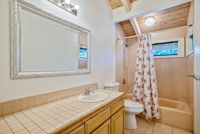 full bathroom featuring wooden ceiling, toilet, shower / bath combo with shower curtain, vaulted ceiling with beams, and vanity