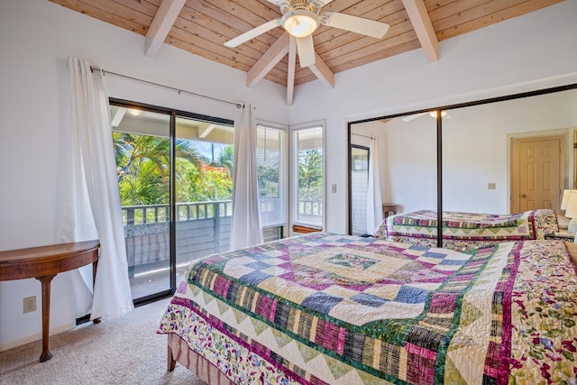 bedroom with vaulted ceiling with beams, wood ceiling, carpet floors, access to exterior, and ceiling fan