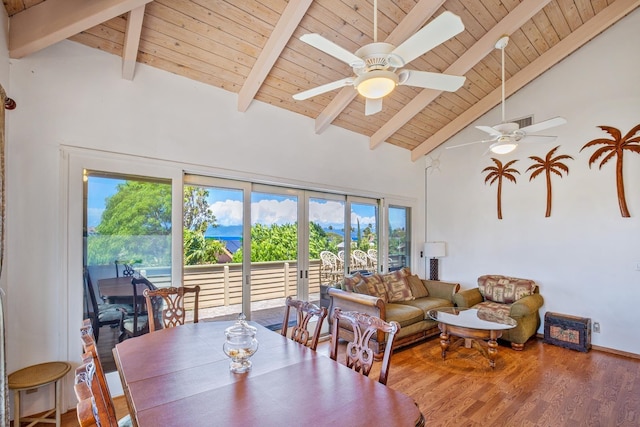 dining space featuring ceiling fan, high vaulted ceiling, plenty of natural light, and hardwood / wood-style floors