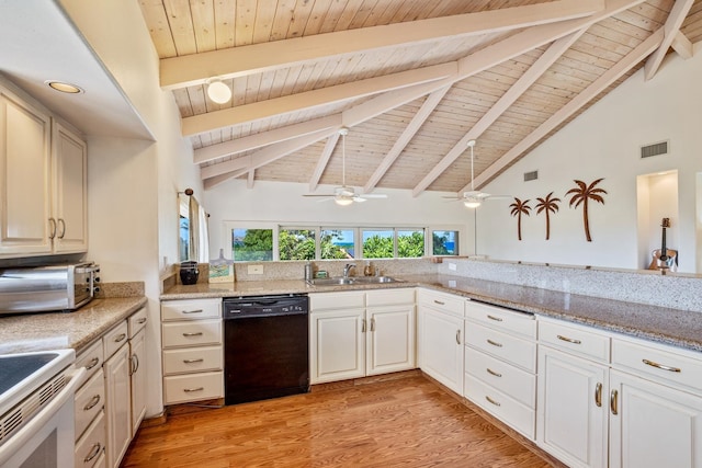 kitchen featuring wood ceiling, beam ceiling, dishwasher, and light wood-type flooring