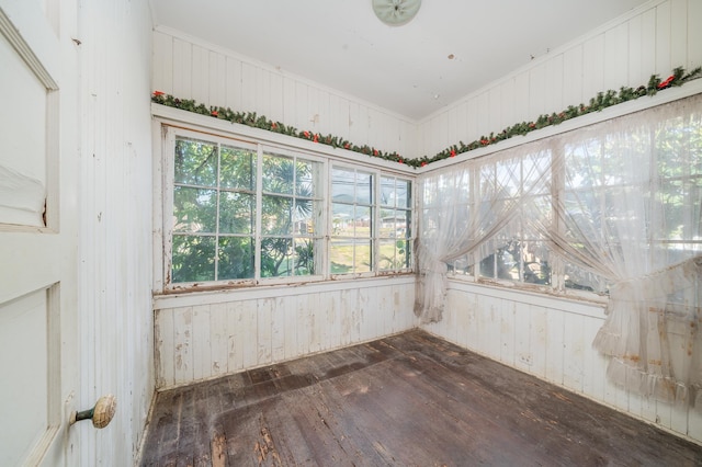unfurnished sunroom featuring wooden walls, wood-type flooring, and a wealth of natural light
