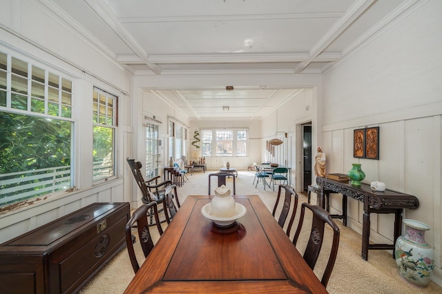 dining space featuring crown molding, carpet, a decorative wall, and coffered ceiling