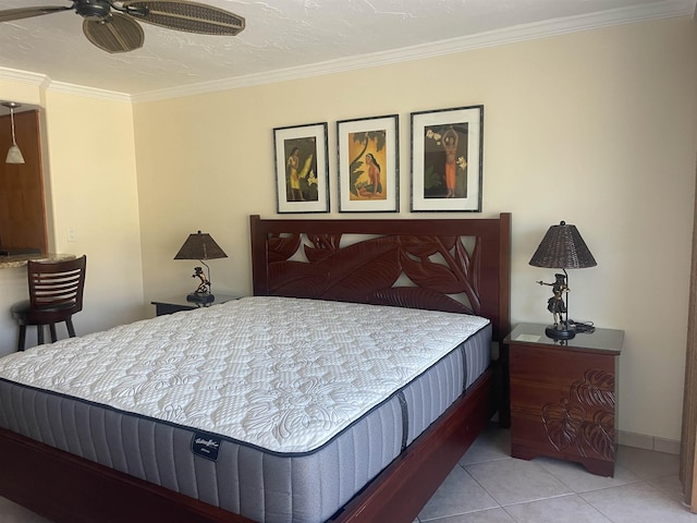 bedroom with ornamental molding, light tile patterned floors, and ceiling fan