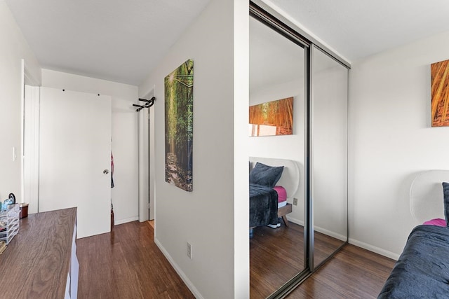 bedroom featuring dark wood-type flooring and a closet