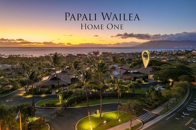 aerial view at dusk with a water view