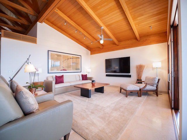 living room with vaulted ceiling with beams, ceiling fan, and wood ceiling