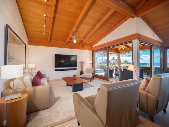 living room featuring light carpet, track lighting, vaulted ceiling with beams, ceiling fan, and wood ceiling