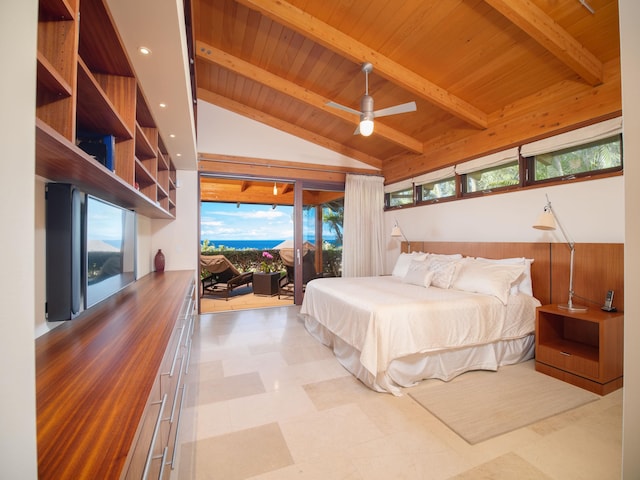 bedroom with wooden ceiling, access to outside, vaulted ceiling with beams, ceiling fan, and multiple windows