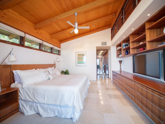 bedroom with lofted ceiling with beams and wooden ceiling