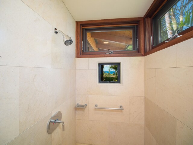 bathroom featuring a tile shower and plenty of natural light