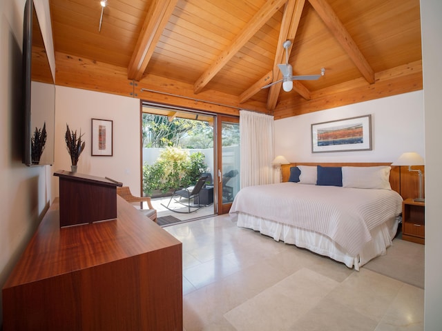 bedroom featuring access to exterior, ceiling fan, vaulted ceiling with beams, light tile patterned flooring, and wood ceiling