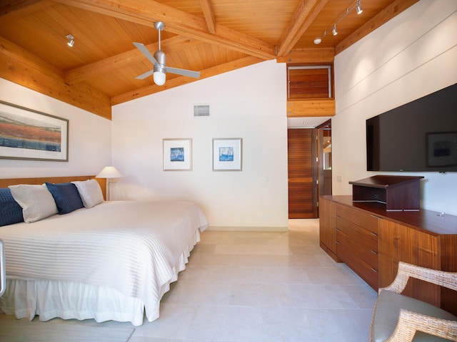 bedroom with ceiling fan, lofted ceiling with beams, track lighting, light tile patterned flooring, and wood ceiling