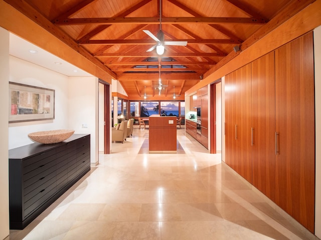 hallway featuring wooden ceiling, lofted ceiling with beams, and wood walls