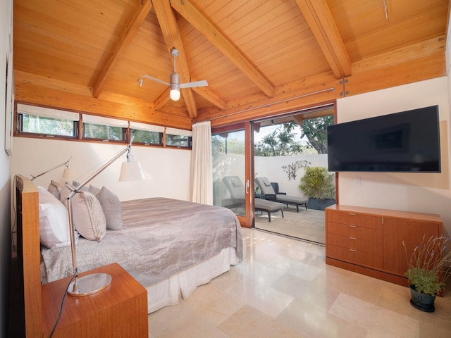 bedroom featuring vaulted ceiling with beams, access to outside, ceiling fan, and wooden ceiling