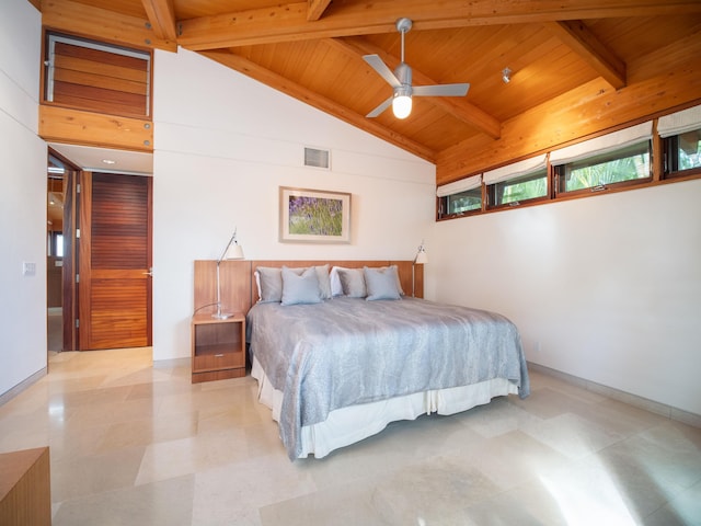 bedroom with beamed ceiling, ceiling fan, wood ceiling, and high vaulted ceiling